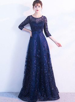 Embroidery Sequined Sashes O-Neck Half Sleeves Evening Dresses