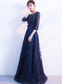 Embroidery Sequined Sashes O-Neck Half Sleeves Evening Dresses