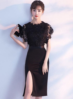 Lace Contrast Solid Color O-Neck Short Sleeves Sheath Prom Dresses