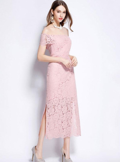 Lace Solid Color Slash Neck Sheath Long Dresses