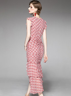 Stylish Floral Print V-neck Irregular Mermaid Dress