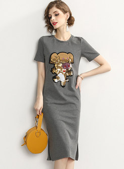 Brief Animal Sequined Grey Cotton T-shirt Dress
