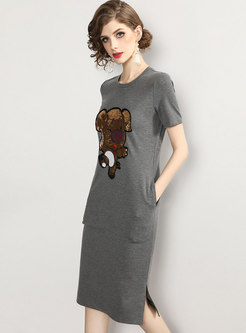 Brief Animal Sequined Grey Cotton T-shirt Dress