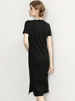 Brief Animal Sequined Black Cotton T-shirt Dress