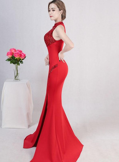 Designer Sequined Contrast Sleevesless Sheath Evening Dresses