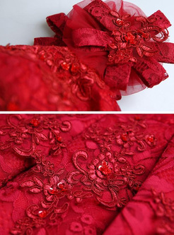 Embroidery Lace Floral SequinSlash Neck Short Sleeves Dresses