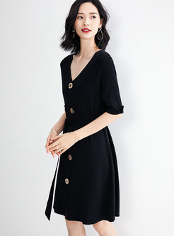 Casual Gathered Waist Tied Black Slim Knitted Dress