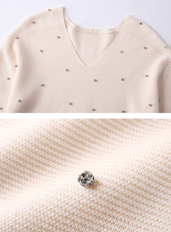 Brief V-neck Diamond-studded Loose Sweater