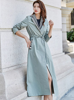 Striped Splicing Tied Drawstring Trench Coat
