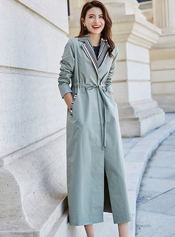 Striped Splicing Tied Drawstring Trench Coat