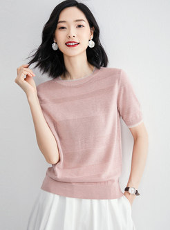 Brief Striped Pink Short Sleeve Pullover Sweater
