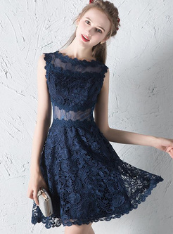mbroidery Lace Floral Mesh Contrast O-Neck Sleeveless Dresses