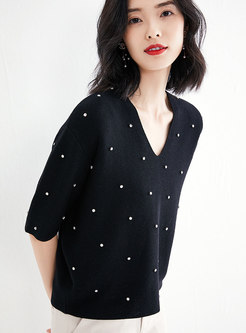 Solid Color Diamond-studded Loose Pullover Sweater