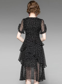 Vintage Black V-neck Polka Dot Irregular Skater Dress 
