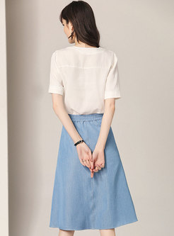 Brief Pure Color Blouse & Denim A Line Skirt
