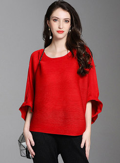 Solid Color O-neck Bat Sleeve Pleated T-shirt