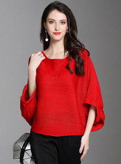 Solid Color O-neck Bat Sleeve Pleated T-shirt