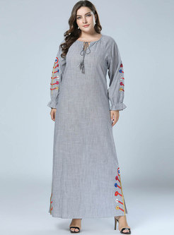 Casual Embroidered Splicing O-neck Tied Maxi Dress