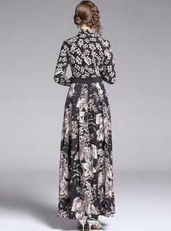 Stylish Lapel Print Bowknot Gathered Waist Maxi Dress