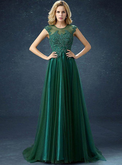 Bead Embroidery Solid Color Mesh O-Neck Sleeveless Evening Dresses