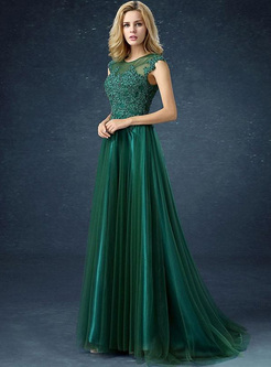 Bead Embroidery Solid Color Mesh O-Neck Sleeveless Evening Dresses