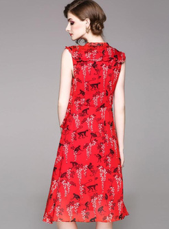 Printing Contrast Sashes Sleeveless Midi Dresses
