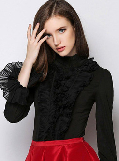 Hollow Out Solid Color High Neck Long Sleeves Women's Blouses
