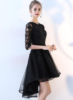 Lace Contrast Solid Color O-Neck Half Sleeves Mini Dresses