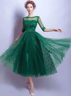 Embroidery O-Neck Half Sleeves Green Tulle Elegant Dresses