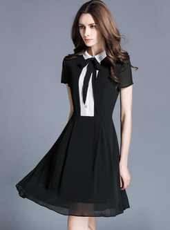 Solid Color Turn-down Collar Short Sleeves A-Line Midi Dresses
