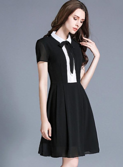 Solid Color Turn-down Collar Short Sleeves A-Line Midi Dresses
