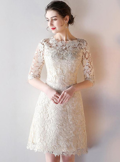  Lace Hollow Out O-Neck Half Sleeves Sheath Mid Prom Dresses