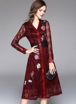 Embroidery Hollow Out Contrast V-Neck Long Sleeves Dresses