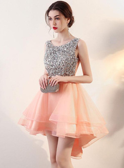 Sequins Contrast O-Neck Sleevesless Backless Mid Prom Dresses