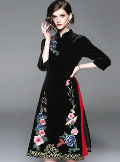 Embroidery Zipper Stand Collar Seven-Tenths Sleeves Dresses