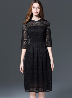 Lace Solid Color O-Neck Seven-Tenths Sleeves Midi Dresses