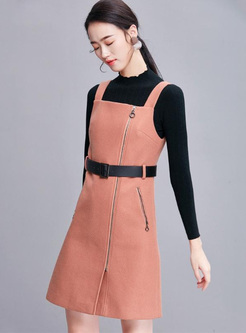 Solid Color Zipper Slash Neck Sleeveless Midi Dresses