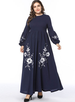 Embroidered Loose Big Hem Long Sleeve Maxi Dress