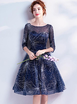 Hollow Out Sequin O-Neck Half Sleeves Dresses