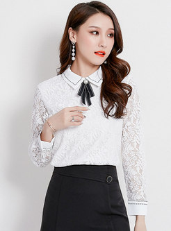 Stylish Lace Embroidered Beaded Bowknot Blouse