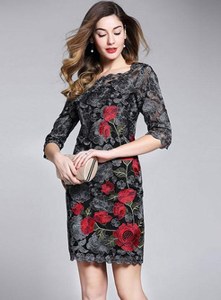 Embroidery Hollow Out Printing Half Sleeves Dresses