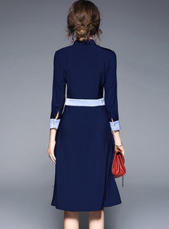 Contrast Color Block Stand Collar Midi Dresses