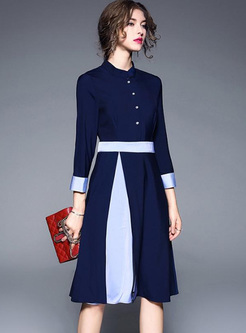 Contrast Color Block Stand Collar Midi Dresses