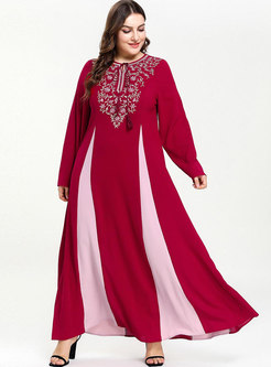 Color-blocked Splicing Embroidered Tied Maxi Dress