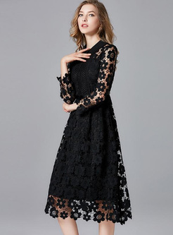 Embroidery Solid Color Turn-down Collar Seven-Tenths Sleeves Midi Dresses