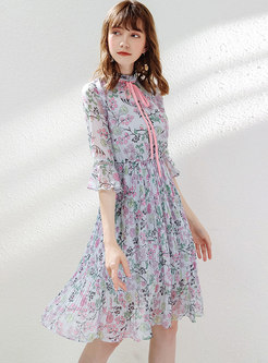 Fashion Floral Print Pleated Chiffon Skater Dress
