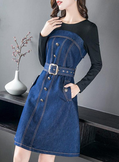 Contrast Solid Color Zipper O-Neck Long Sleeves Midi Dresses
