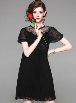 Sequined Solid Color O-Neck Short Sleeves Pleated Dresses