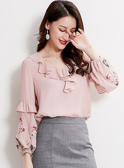 Chic Pink Embroidered V-neck Chiffon Blouse