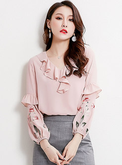 Chic Pink Embroidered V-neck Chiffon Blouse